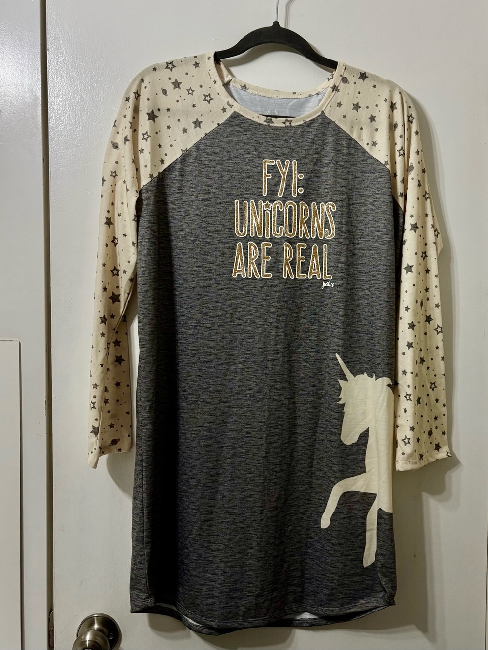 Unicorn Graphic Nightshirt - Grey with Cream Star Sleeves